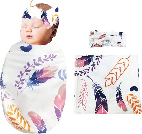 Newborn Receiving Blanket Headband Set - Unisex Soft Swaddle Set Girl Boy Shower Gifts (PWB04-Swaddle+Bow Headband) in Saudi Arabia