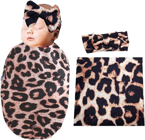 Newborn Receiving Blanket Headband Set - Unisex Soft Swaddle Set Girl Boy Shower Gifts (PWB04-Swaddle+Bow Headband) in Saudi Arabia