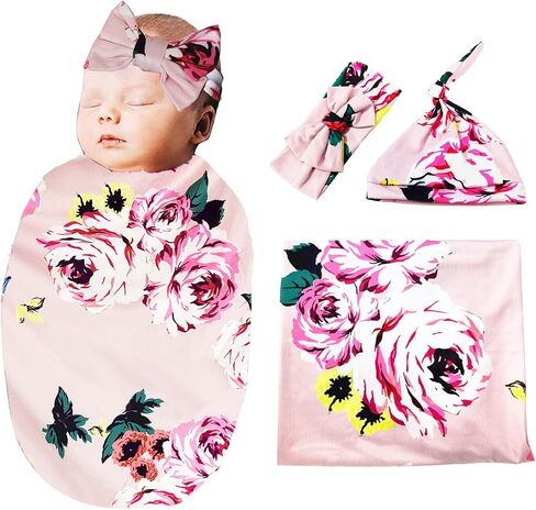 Newborn Receiving Blanket Headband Set - Unisex Soft Swaddle Set Girl Boy Shower Gifts (PWB04-Swaddle+Bow Headband) in Saudi Arabia