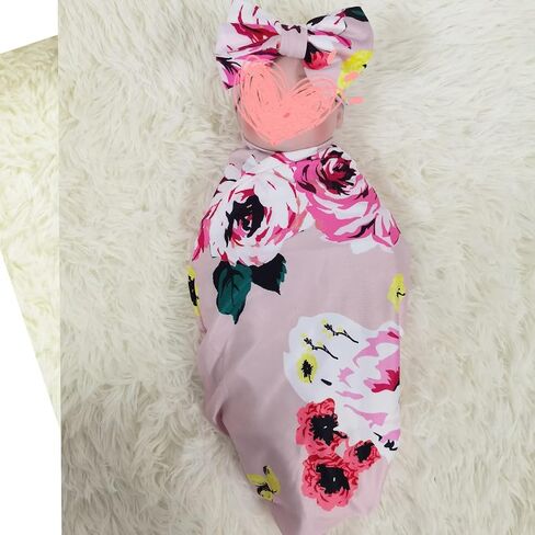 Newborn Receiving Blanket Headband Set - Unisex Soft Swaddle Set Girl Boy Shower Gifts (PWB04-Swaddle+Bow Headband) in Saudi Arabia
