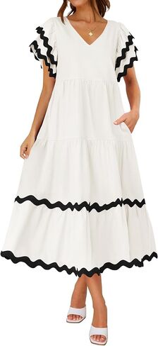 ZESICA Womens 2024 Summer Casual Midi Dresses V Neck Flutter Short Sleeve Ruffle Tiered A Line Flowy Beach Long Dress in Saudi Arabia