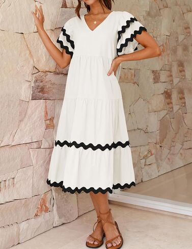 ZESICA Womens 2024 Summer Casual Midi Dresses V Neck Flutter Short Sleeve Ruffle Tiered A Line Flowy Beach Long Dress in Saudi Arabia