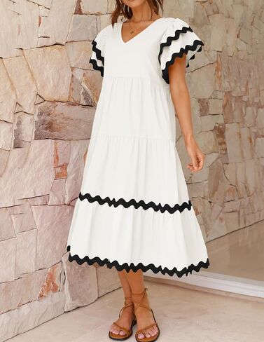 ZESICA Womens 2024 Summer Casual Midi Dresses V Neck Flutter Short Sleeve Ruffle Tiered A Line Flowy Beach Long Dress in Saudi Arabia