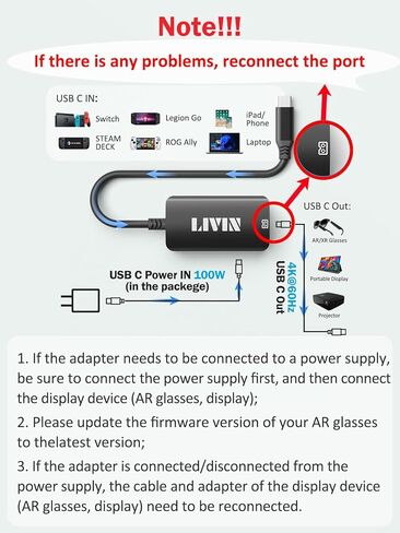 محول النظارات الذكية LIVIN USB-C (الفيديو والصوت) إلى XREAL/VITURE One/RayNeo AR/XR، 4K عند 60 هرتز + شاحن سريع 100 وات، التوصيل والتشغيل، غلاف من الألومنيوم، للشاشة المحمولة، الكمبيوتر الشخصي، Switch، SteamDeck، ROG Ally in Kuwait