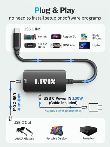 محول النظارات الذكية LIVIN USB-C (الفيديو والصوت) إلى XREAL/VITURE One/RayNeo AR/XR، 4K عند 60 هرتز + شاحن سريع 100 وات، التوصيل والتشغيل، غلاف من الألومنيوم، للشاشة المحمولة، الكمبيوتر الشخصي، Switch، SteamDeck، ROG Ally in Kuwait