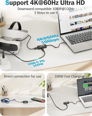 محول النظارات الذكية LIVIN USB-C (الفيديو والصوت) إلى XREAL/VITURE One/RayNeo AR/XR، 4K عند 60 هرتز + شاحن سريع 100 وات، التوصيل والتشغيل، غلاف من الألومنيوم، للشاشة المحمولة، الكمبيوتر الشخصي، Switch، SteamDeck، ROG Ally in Kuwait