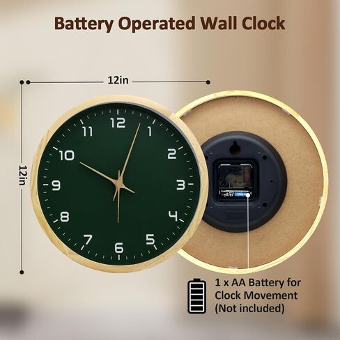 Wooden Wall Clock 12 Inch Silent Non Ticking Wall Clocks Battery Operated Wood Analog Retro Round Clock Decorative for Kitchen,Home,Living Room,Classroom, Log Green in Saudi Arabia