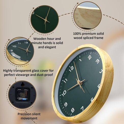 Wooden Wall Clock 12 Inch Silent Non Ticking Wall Clocks Battery Operated Wood Analog Retro Round Clock Decorative for Kitchen,Home,Living Room,Classroom, Log Green in Saudi Arabia