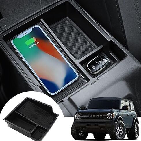 Center Console Organizer Compatible with Ford Bronco Accessories 2021 2022 2023 2/4 Door, Armrest Storage Box, Upgrade Wireless Charger Center Console Organizer Tray, Interior Insert Phone Holder in Saudi Arabia