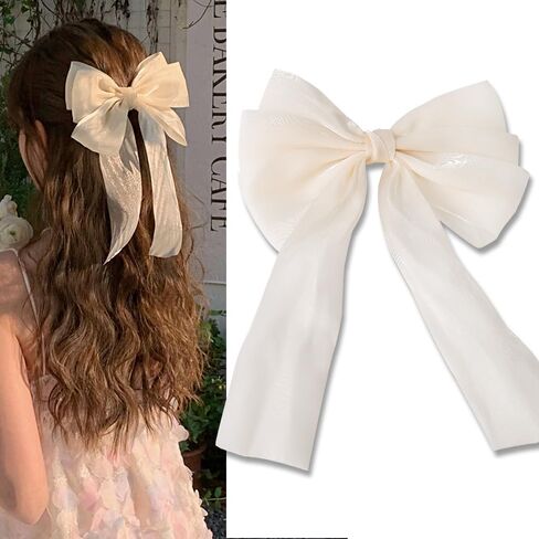 White Hair Bows for Women Girls Large Hair Bow Ribbon Clip Cute Hair Accessories for Women Girls Big Hair Bows Barrettes with Long Tail Tassel Ribbon Bow Hair Clips French Barrette Hair Bows in Kuwait
