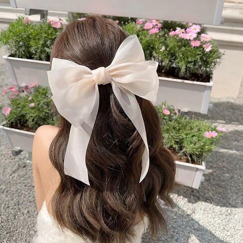 White Hair Bows for Women Girls Large Hair Bow Ribbon Clip Cute Hair Accessories for Women Girls Big Hair Bows Barrettes with Long Tail Tassel Ribbon Bow Hair Clips French Barrette Hair Bows in Kuwait