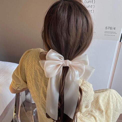 White Hair Bows for Women Girls Large Hair Bow Ribbon Clip Cute Hair Accessories for Women Girls Big Hair Bows Barrettes with Long Tail Tassel Ribbon Bow Hair Clips French Barrette Hair Bows in Kuwait
