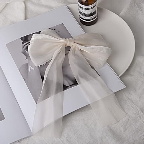 White Hair Bows for Women Girls Large Hair Bow Ribbon Clip Cute Hair Accessories for Women Girls Big Hair Bows Barrettes with Long Tail Tassel Ribbon Bow Hair Clips French Barrette Hair Bows in Kuwait