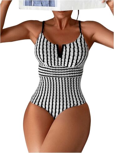 MakeMeChic Women's One Piece Swimsuit Striped Sleeveless Tummy Control Bathing Suit Swimwear in Saudi Arabia