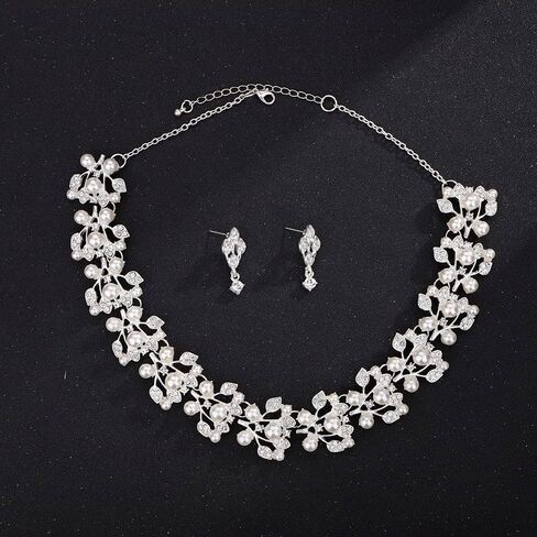 Pearl Bride Wedding Jewelry Set Crystal Bridal Necklace Earrings Sets Rhinestone Choker Necklace Prom Costume Jewelry Set for Women and Girls in Saudi Arabia