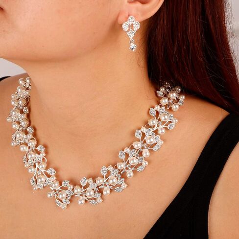 Pearl Bride Wedding Jewelry Set Crystal Bridal Necklace Earrings Sets Rhinestone Choker Necklace Prom Costume Jewelry Set for Women and Girls in Saudi Arabia