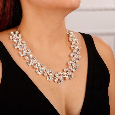 Pearl Bride Wedding Jewelry Set Crystal Bridal Necklace Earrings Sets Rhinestone Choker Necklace Prom Costume Jewelry Set for Women and Girls in Saudi Arabia