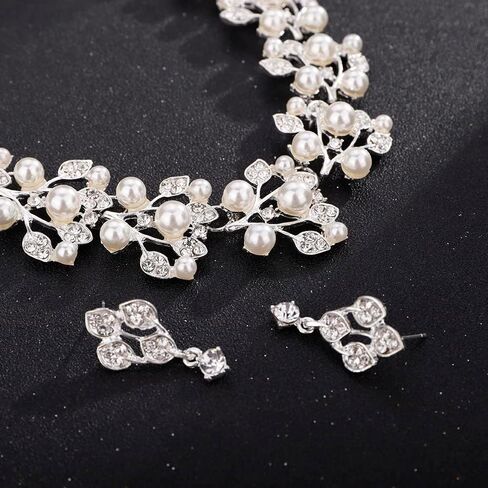 Pearl Bride Wedding Jewelry Set Crystal Bridal Necklace Earrings Sets Rhinestone Choker Necklace Prom Costume Jewelry Set for Women and Girls in Saudi Arabia