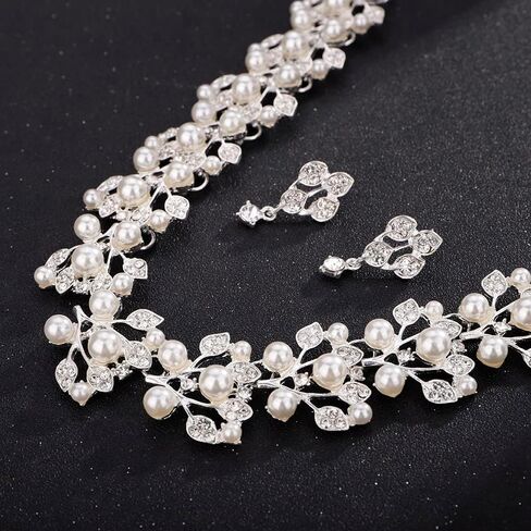 Pearl Bride Wedding Jewelry Set Crystal Bridal Necklace Earrings Sets Rhinestone Choker Necklace Prom Costume Jewelry Set for Women and Girls in Saudi Arabia