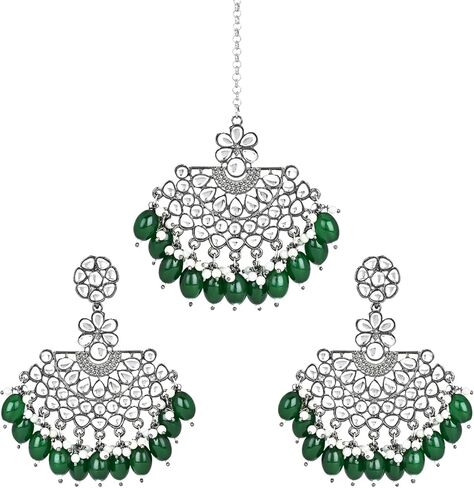 I Jewels Indian Wedding Festive Navratri Ethnic Silver Oxidised Kundan Pearl Chandbali Earrings With Maang Tikka Set For Women/Girls (TE3106) in Kuwait