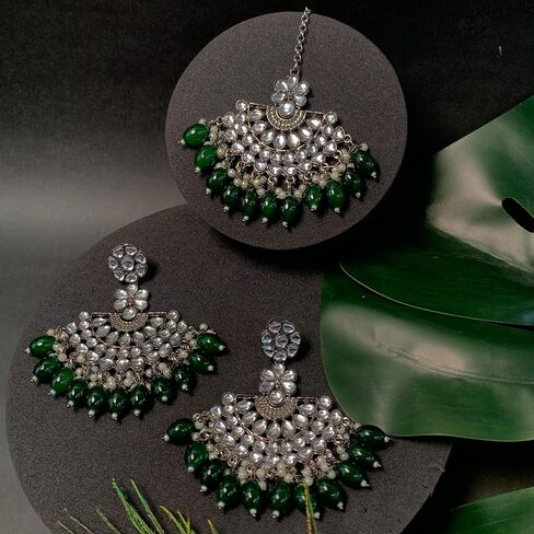 I Jewels Indian Wedding Festive Navratri Ethnic Silver Oxidised Kundan Pearl Chandbali Earrings With Maang Tikka Set For Women/Girls (TE3106) in Kuwait
