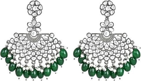 I Jewels Indian Wedding Festive Navratri Ethnic Silver Oxidised Kundan Pearl Chandbali Earrings With Maang Tikka Set For Women/Girls (TE3106) in Kuwait
