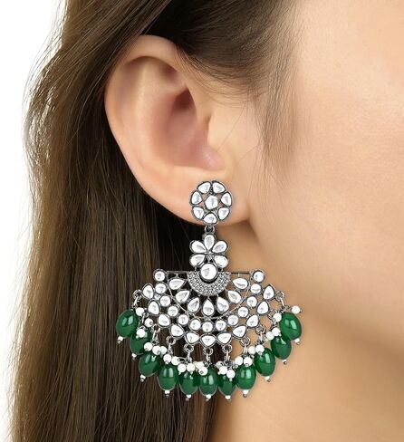 I Jewels Indian Wedding Festive Navratri Ethnic Silver Oxidised Kundan Pearl Chandbali Earrings With Maang Tikka Set For Women/Girls (TE3106) in Kuwait