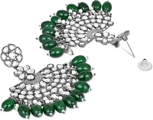 I Jewels Indian Wedding Festive Navratri Ethnic Silver Oxidised Kundan Pearl Chandbali Earrings With Maang Tikka Set For Women/Girls (TE3106) in Kuwait