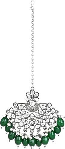 I Jewels Indian Wedding Festive Navratri Ethnic Silver Oxidised Kundan Pearl Chandbali Earrings With Maang Tikka Set For Women/Girls (TE3106) in Kuwait