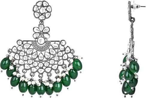 I Jewels Indian Wedding Festive Navratri Ethnic Silver Oxidised Kundan Pearl Chandbali Earrings With Maang Tikka Set For Women/Girls (TE3106) in Kuwait