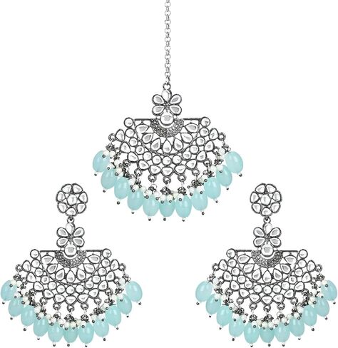 I Jewels حفل زفاف هندي احتفالي Navratri أقراط شاندبالي من الفضة المؤكسدة بلؤلؤ كوندان مع مجموعة Maang Tikka للنساء/الفتيات (TE3106) in Saudi Arabia