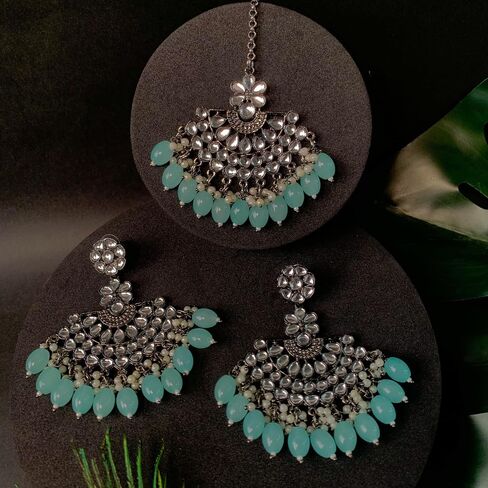 I Jewels حفل زفاف هندي احتفالي Navratri أقراط شاندبالي من الفضة المؤكسدة بلؤلؤ كوندان مع مجموعة Maang Tikka للنساء/الفتيات (TE3106) in Saudi Arabia