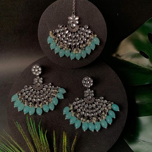 I Jewels حفل زفاف هندي احتفالي Navratri أقراط شاندبالي من الفضة المؤكسدة بلؤلؤ كوندان مع مجموعة Maang Tikka للنساء/الفتيات (TE3106) in Saudi Arabia