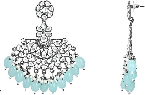 I Jewels حفل زفاف هندي احتفالي Navratri أقراط شاندبالي من الفضة المؤكسدة بلؤلؤ كوندان مع مجموعة Maang Tikka للنساء/الفتيات (TE3106) in Saudi Arabia
