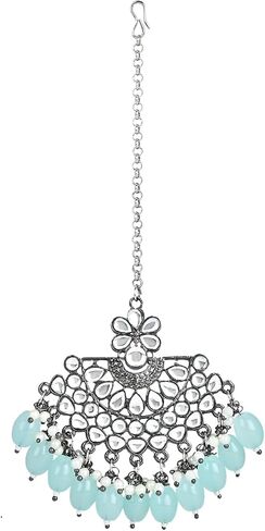 I Jewels حفل زفاف هندي احتفالي Navratri أقراط شاندبالي من الفضة المؤكسدة بلؤلؤ كوندان مع مجموعة Maang Tikka للنساء/الفتيات (TE3106) in Saudi Arabia