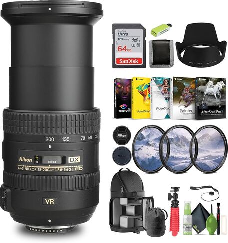 Nikon AF-S DX NIKKOR 18-200mm f/3.5-5.6G ED VR II Lens (2192) + 64GB Memory Card + Filter Kit + BackPack + Card Reader + Corel Photo Software + Flex Tripod + Cap Keeper + Cleaning Kit (Renewed) in Saudi Arabia