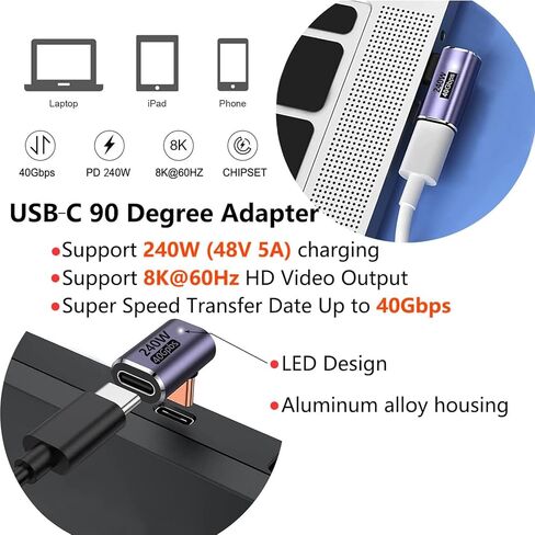 USB C 90 Degree Adapter, Type C Right Angle Adapter with 40Gbps PD 240W 8K@60Hz Video Charging, Compatible with Steam Deck, Switch, VR and More Type C Devices(90 Degrees-A 2 PCS) in Saudi Arabia