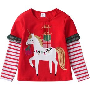 DXTON Toddler Kids Girls Long Sleeve Shirts Cute Christmas Graphic Tees Top Blouse Fall Winter 3-8 Years