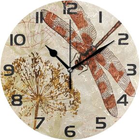 ALAZA Watercolor Retro Dragonfly Dandelion Clock Arabic Type Clock Painted Silent Non-Ticking Round Wall Clock Home Art Bedroom Living Dorm Room Decor