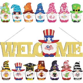 Yousoontic 15 Pcs Magnetic Diamond Art for Adults Interchangeable Gnome Seasonal Welcome Sign Gnome Door Hanger with Detachable Hat Hand DIY Rhinestone Painting Gift for Home Decoration