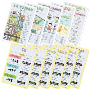Spanish Verbs & Beginner Vocabulary (Set C) Poster Set, Spanish Classroom Learning Materials for K-12 Students and Teachers, Set of 11, 12 x 18 Inches, Extra Durable