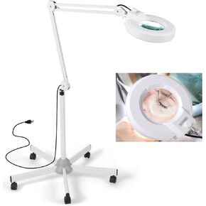 Magnifying Floor Lamp with 5 Wheels Rolling Base for Estheticians - 1,500 Lumens LED Dimmable Light with Magnifying Glass, 8-diopter Lighted Magnifier for Reading, Crafts, Sewing, Close Work(5X)