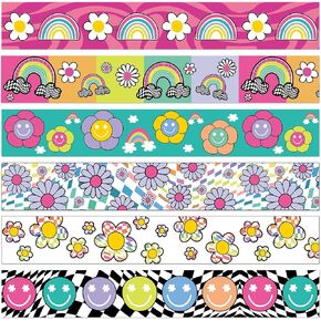 65Ft Colorful Hippie Bulletin Board Border Decoration Groovy Retro Straight Border Strips Boho Hippie Bulletin Board Sticker Smile Daisy Rainbow Borders Trim for School Office Wall Decor