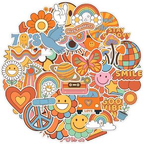 50 Pcs Hippie Stickers, Groovy Preppy Boho Daisy 70s RetroVinyl Waterproof Stickers Hippy Party Decorations Peace Sign Stickers for Laptop, Car, Water Bottles, Computer, Phone, Stickers for Kids Teens