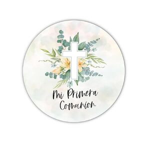 Mi Primera Comuníon Spanish My First Communion Party Favor Stickers Labels with Cross - Mi Primera Comuníon Español Pegatinos Stickers Labels for Favors, Greenery Design -Set of 40 Stickers