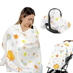Muslin Stroller Cover - Versatile Baby Stroller Sunshade, Windbreaker, and Insect Shield - Stylish and Breathable Travel Accessory (Grey Star)