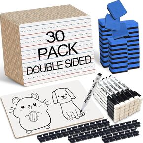 Set of 30 Dry Erase Boards for Kids, Double Sided Small Whiteboard with Lines for Students, Teacher & Classroom Pack, 9"x12" Mini Dry Erase White Boards Lined for Writing with 30 Makers, 30 Erasers