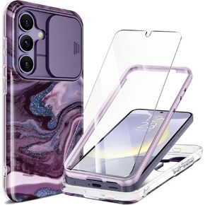 GVIEWIN for Samsung Galaxy S24 Case with Slide Camera Cover + Screen Protector, [Military Grade Drop Tested][Full-Body Protection]Marble Design Shockproof Protective Phone Case 6.2" (Quicksand/Purple)