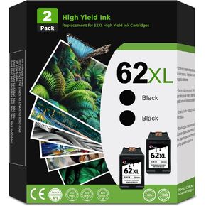 62XL Black Ink Cartridges Replacement for HP Ink 62 (HP62XL HP62 XL 2Pack) Fit for Envy 7640 5660 7645 5540 5640 OfficeJet 5740 5745 8040 250 200 Printers