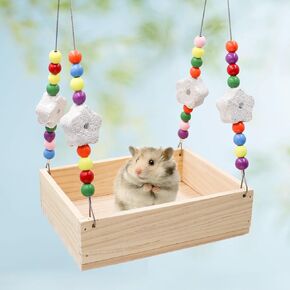 Hamster Bed, Wooden Small Animal Swing Toy with Calcium Stone Chewing Toys, Hamster House and Hideout, Cage Accessories for Birds Parrots Sugar Glider Hamster Rat